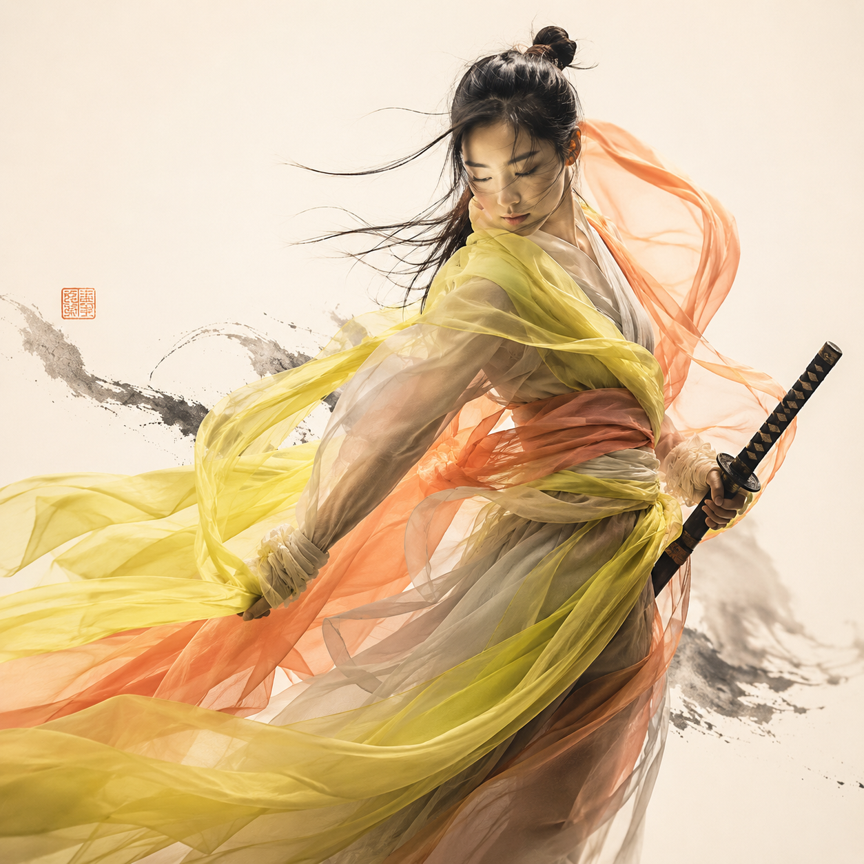 A Japanese kunoichi in flowing chartreuse and coral silk — generated by a Vesper image workflow
